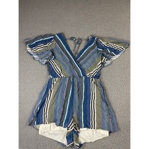 Women's Row A blue striped Romper size large short sleeve lined
